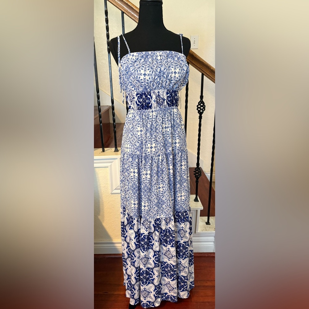 Express: Printed Square Neck Sleeveless Tiered Maxi Dress